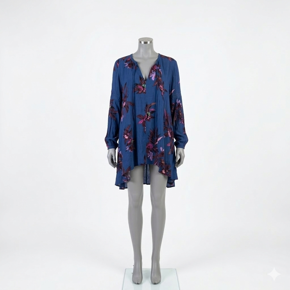Free People Tree Swing Blue Floral Tunic Dress Boho Mini V-Neck Hig Low Sz Small
